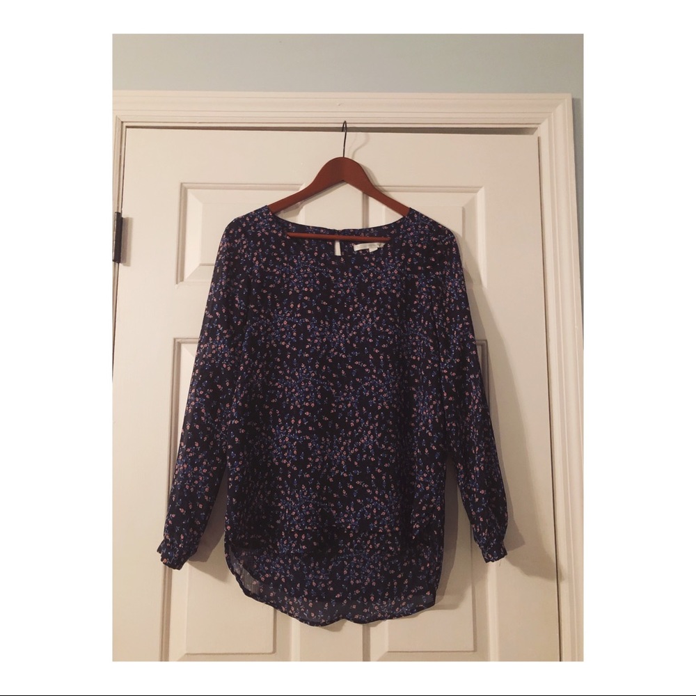 Dark blue floral printed Lauren Conrad blouse.